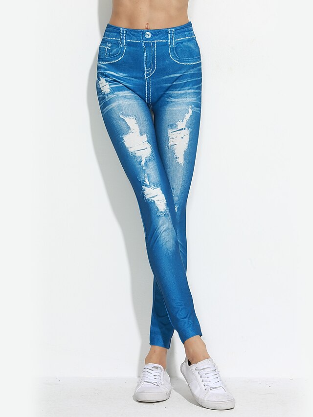  Dame Strand Skinny Jeans Bukser - Stribet Blå