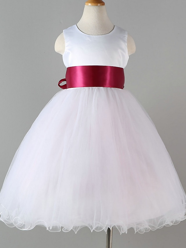  Princess Tea Length Flower Girl Dress - Polyester / Tulle Sleeveless Jewel Neck with Sash / Ribbon by