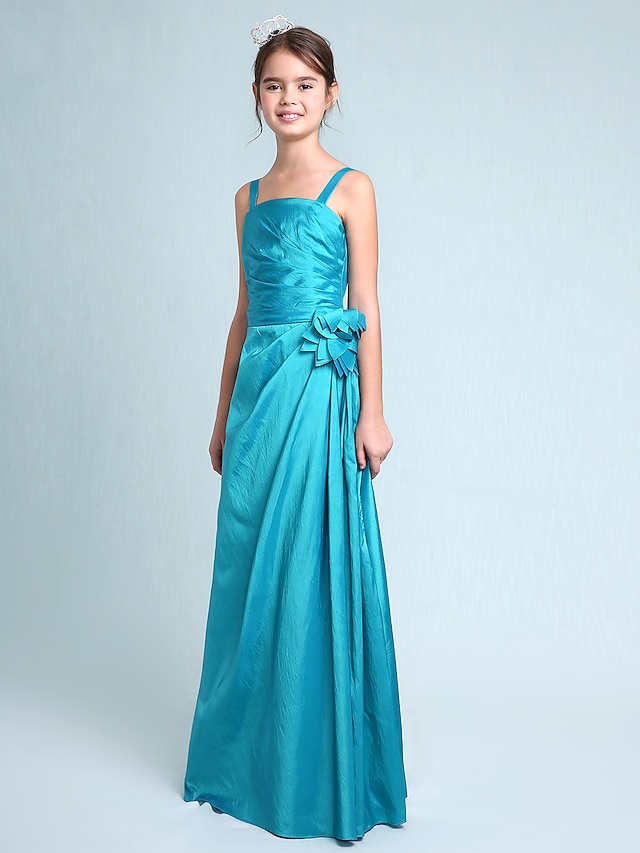  A-Line / Princess Spaghetti Strap Floor Length Taffeta Junior Bridesmaid Dress with Side Draping / Flower by LAN TING BRIDE®