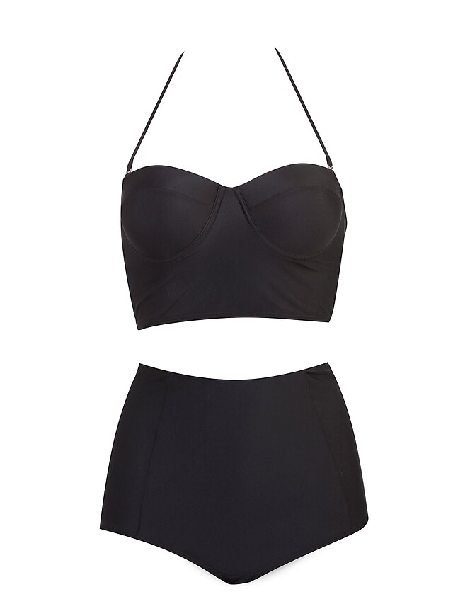  Women's High Waist High Rise Halter Neck Black Bikini Swimwear Swimsuit - Solid Colored S M L Black