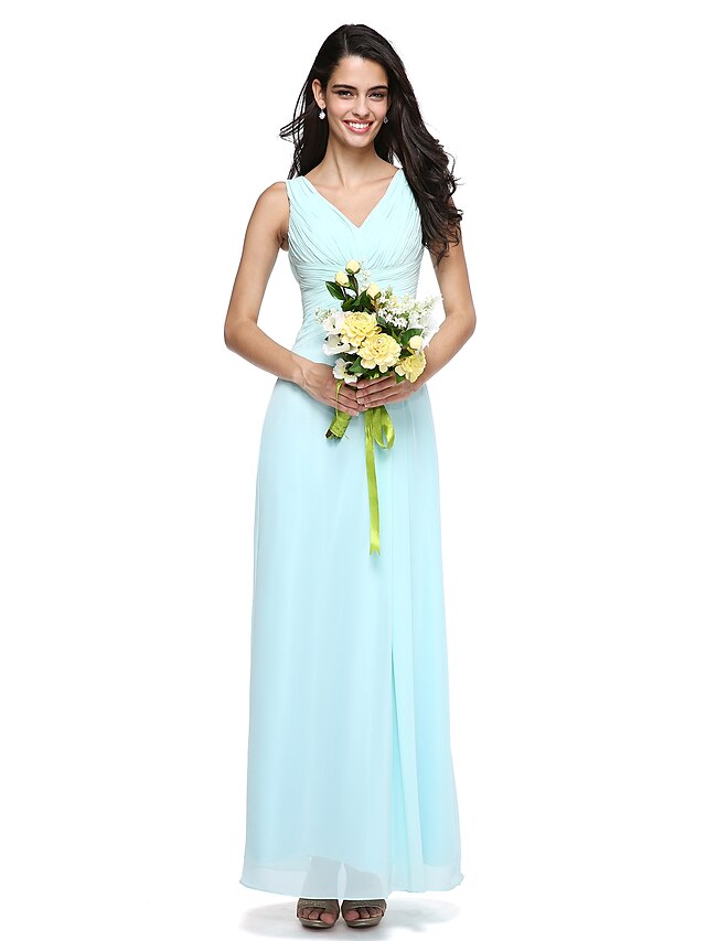  Sheath / Column Bridesmaid Dress V Neck Sleeveless Elegant Floor Length Chiffon with Criss Cross / Side Draping 2022