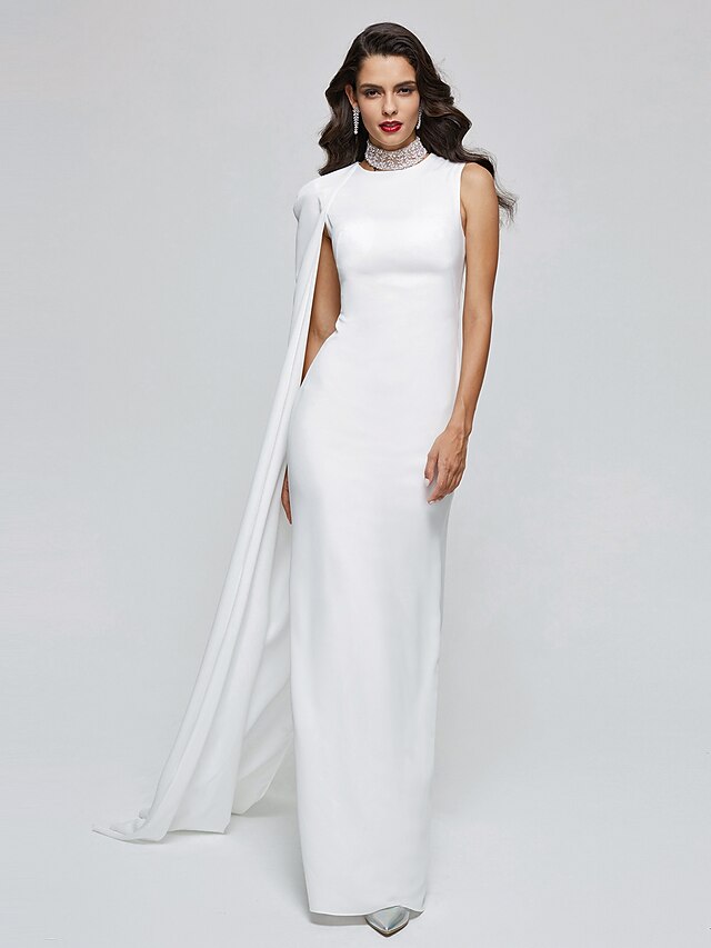  Sheath / Column Celebrity Style Elegant Formal Evening Dress Jewel Sleeveless Floor Length Chiffon with Pleats 2021