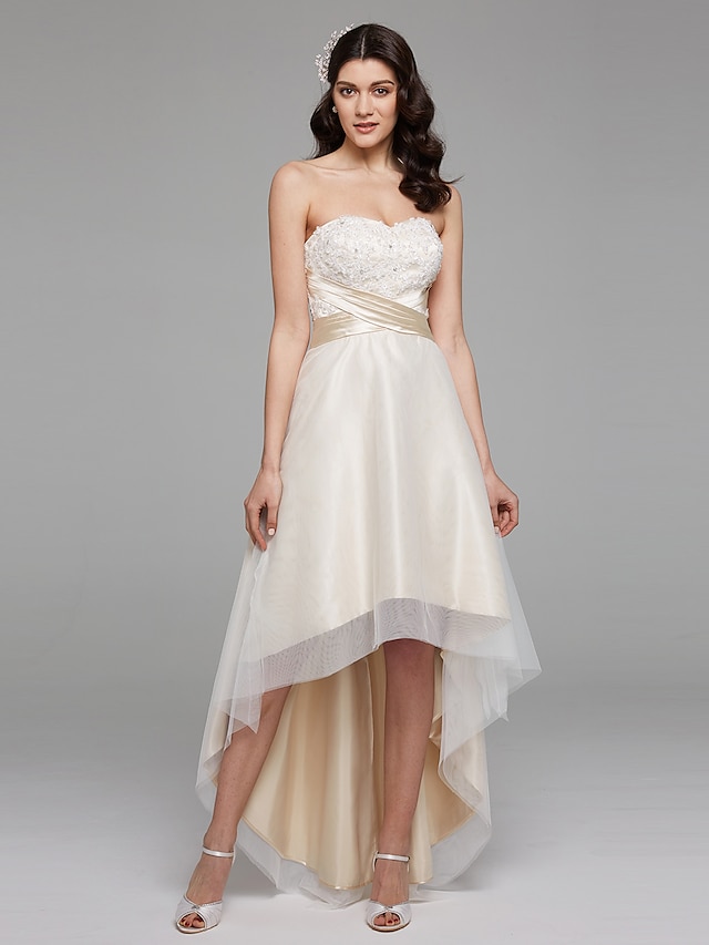  Hall Wedding Dresses A-Line Sweetheart Strapless Asymmetrical Satin Bridal Gowns With Bowknot Sash / Ribbon 2023