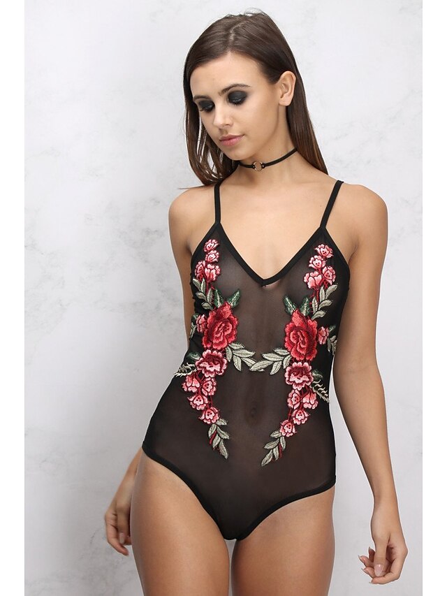  Women's Embroidery Boho Strap Black Cheeky One-piece Swimwear - Floral Embroidered S M L / Bras / Fixed Straps
