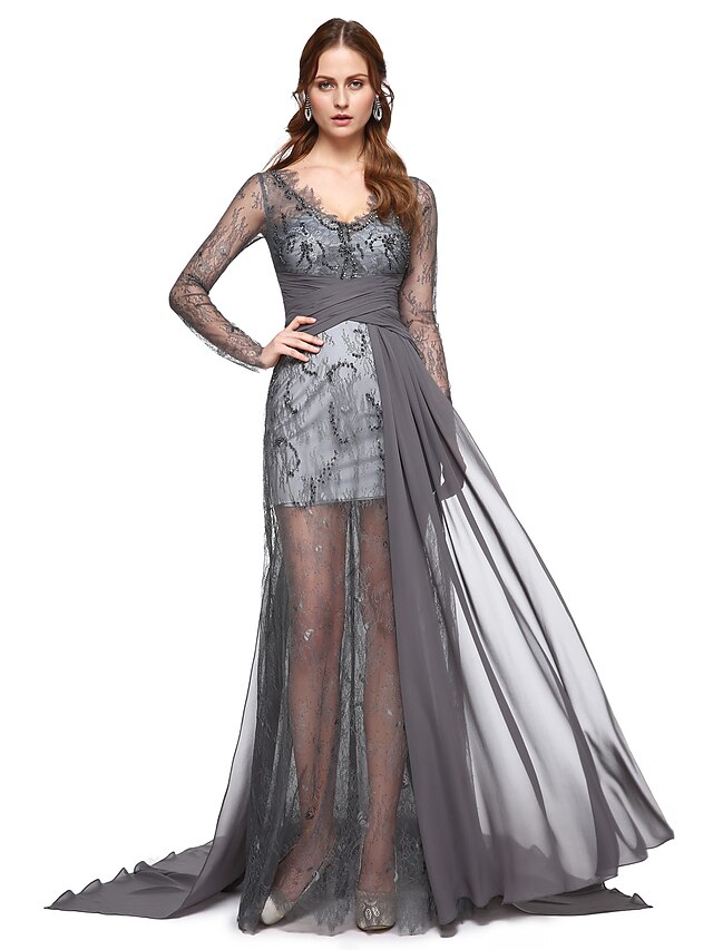  A-Line V Neck Sweep / Brush Train Chiffon Celebrity Style Formal Evening Dress with Lace / Pleats by TS Couture® / Illusion Sleeve