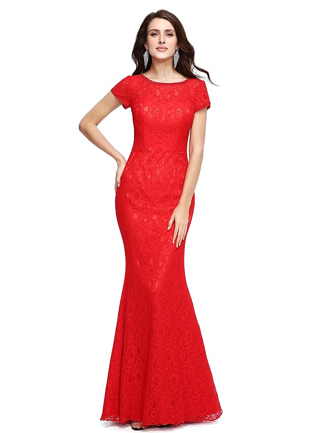  Sheath / Column Jewel Neck Floor Length Lace Dress with Beading by TS Couture®