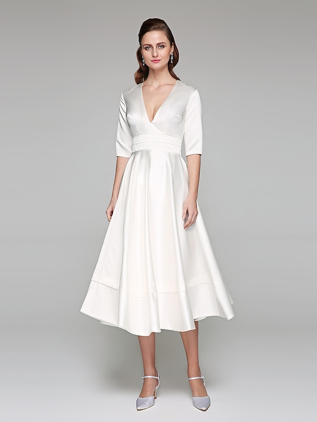  A-Line Wedding Dresses V Neck Tea Length Satin Half Sleeve Simple Casual Vintage Little White Dress with Sash / Ribbon 2022