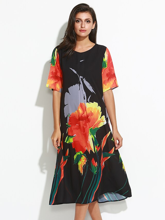  Γυναικεία Μεγάλα Μεγέθη Εξόδου Κινεζικό στυλ Φαρδιά Φόρεμα - Φλοράλ, Καλλιτεχνικό στυλ Μίντι / Καλοκαίρι / Floral Patterns