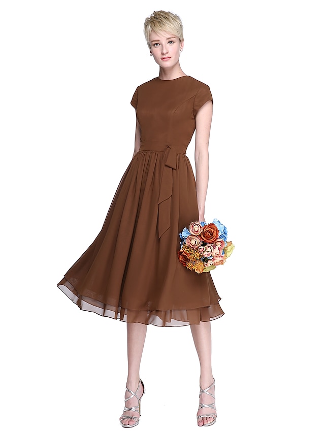  A-Line Jewel Neck Knee Length Chiffon Bridesmaid Dress with Bow(s) / Buttons