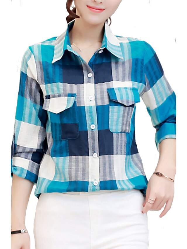  Women's Shirt Plaid Shirt Collar Orange Blue Daily Clothing Apparel / Long Sleeve