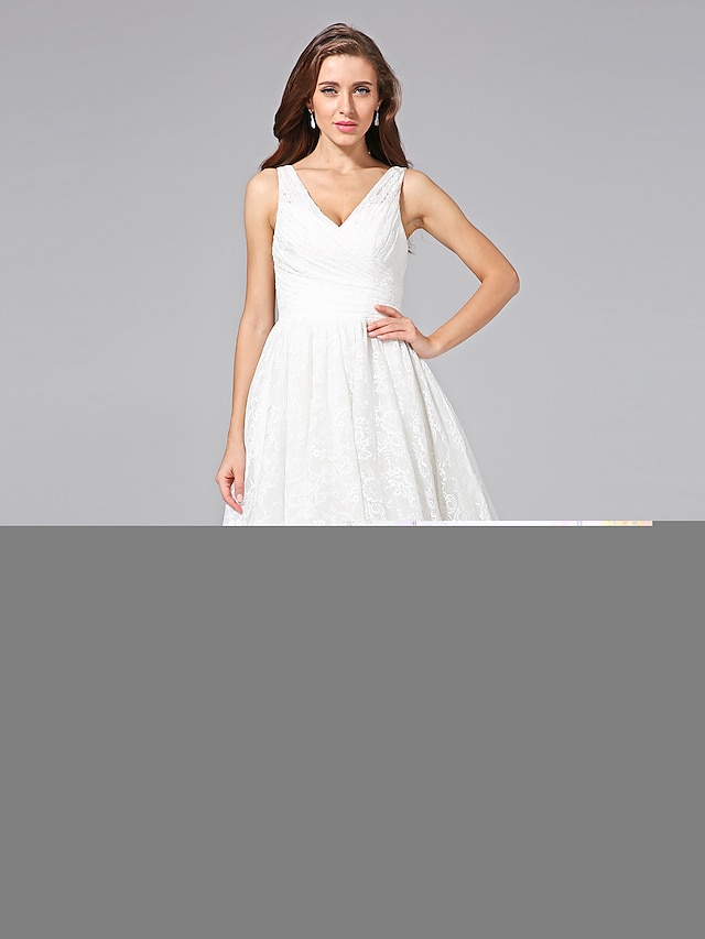  Reception Wedding Dresses A-Line V Neck Sleeveless Knee Length All Over Floral Lace Bridal Gowns With Criss-Cross 2023