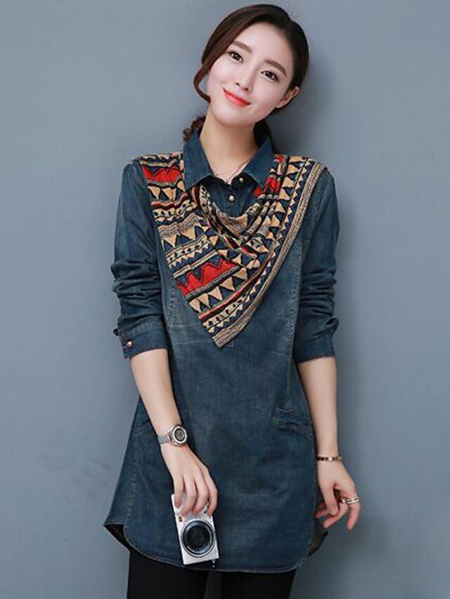  Women's Street chic Cotton Shirt - Color Block Shirt Collar / Spring / Fall