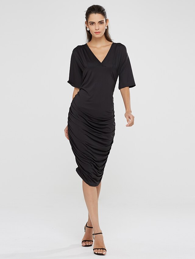  Women's Plus Size Loose Dress Solid Colored Spring Deep V Black Purple L XL XXL XXXL / Cotton
