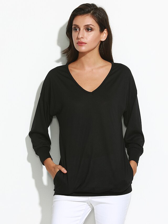  Women's Casual / Daily T-shirt Solid Colored Long Sleeve Tops Simple V Neck Black Navy Blue Pink / Lantern Sleeve