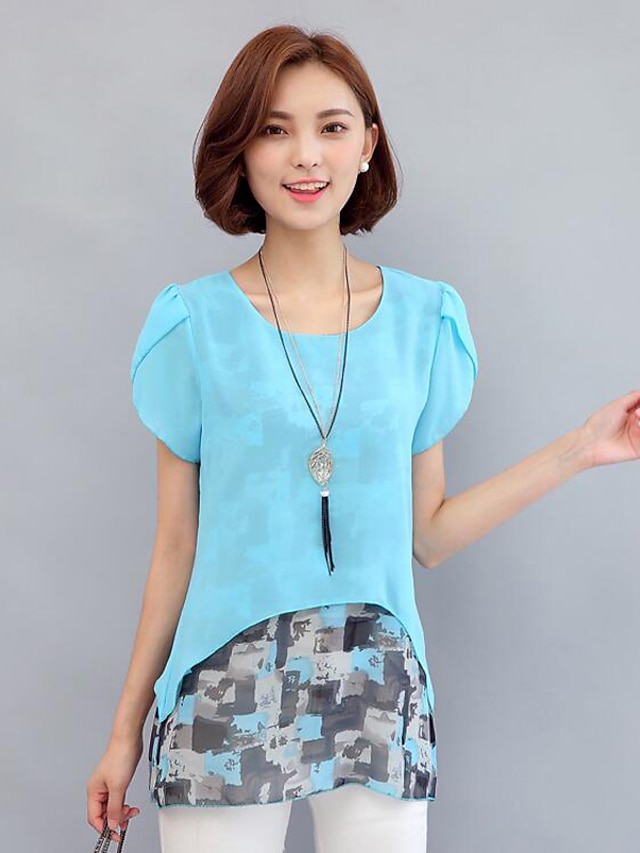  Women's Blouse Solid Colored Round Neck Pink Royal Blue Light Blue Gray Daily Clothing Apparel Streetwear / Summer / Short Sleeve / Butterfly Sleeves