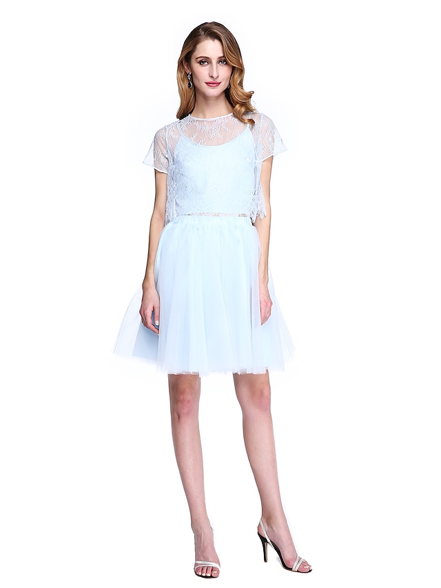  A-Line Mother of the Bride Dress Two Piece Jewel Neck Knee Length Lace Tulle Short Sleeve No with Lace 2023