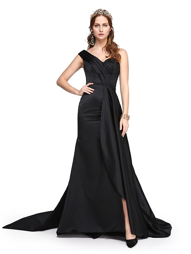  A-Line One Shoulder Sweep / Brush Train Satin Dress with Beading / Pleats by TS Couture®