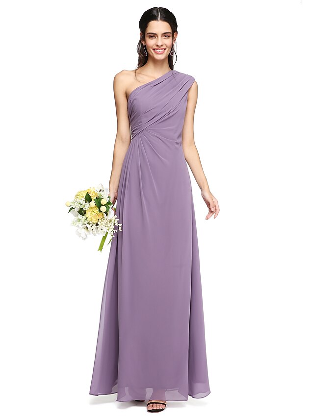  Sheath / Column One Shoulder Floor Length Chiffon Bridesmaid Dress with Pleats / Side Draping