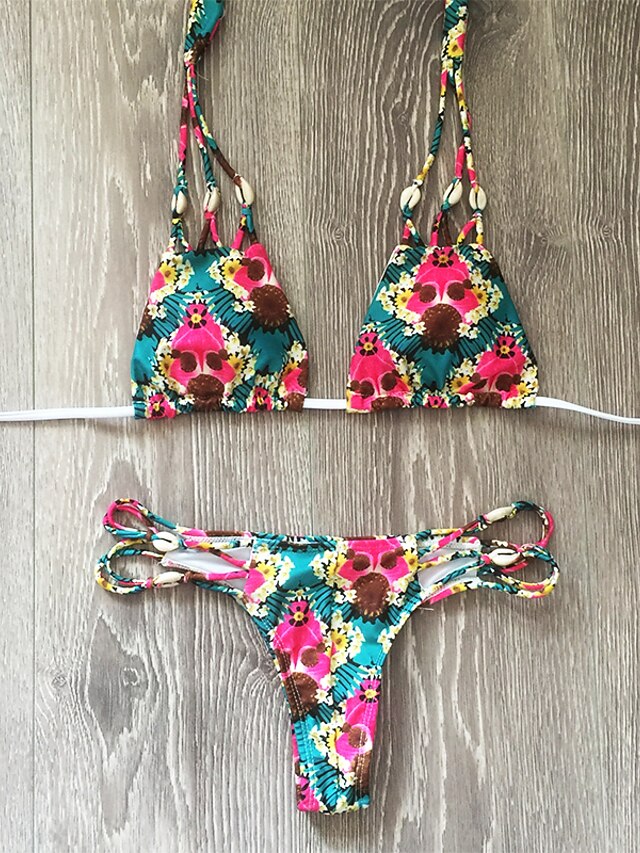  Mulheres Roupa de Banho Biquíni roupa de banho Imprimir Arco-íris Halter pescoço Fatos de banho Floral