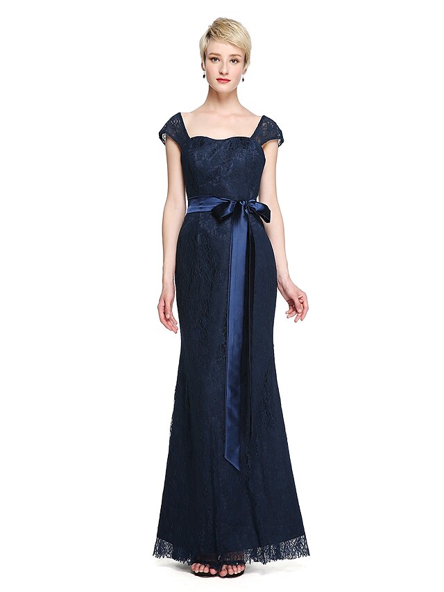  Sheath / Column Straps Floor Length Lace Bridesmaid Dress with Bow(s) / Sash / Ribbon by LAN TING BRIDE® / Open Back