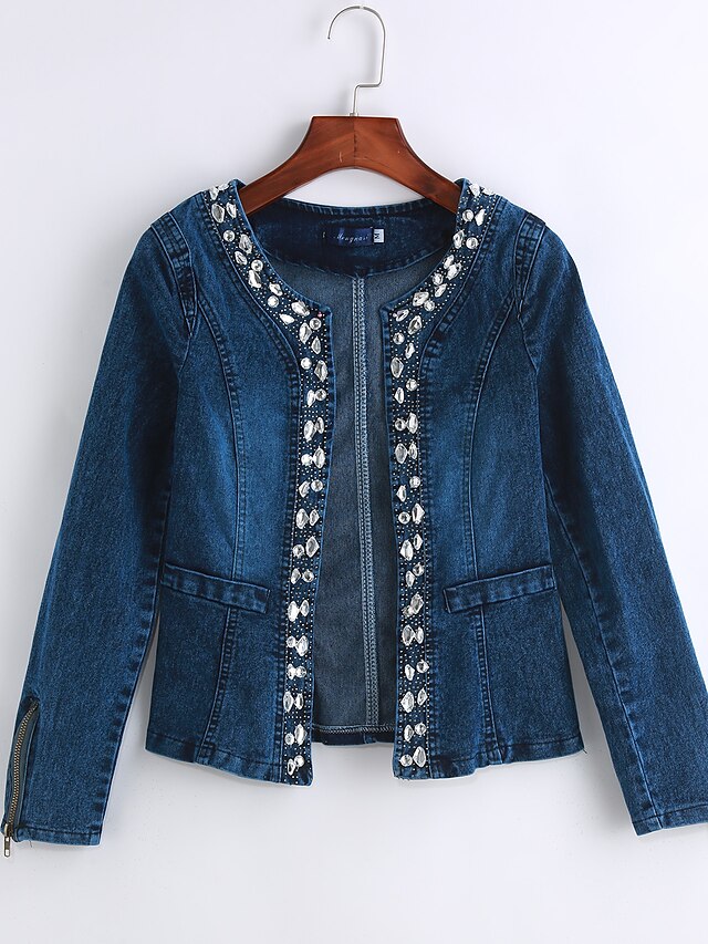  Women's Chic & Modern Denim Jacket - Solid Color, Sequins / Fall