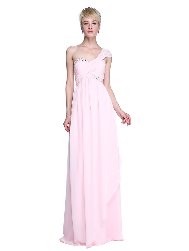  Sheath / Column One Shoulder Floor Length Chiffon Bridesmaid Dress with Beading / Side Draping by LAN TING BRIDE®