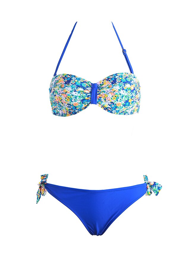  Women's Boho Halter Neck Green Blue Royal Blue Bandeau Cheeky Bikini Swimwear - Floral Print L XL XXL Green