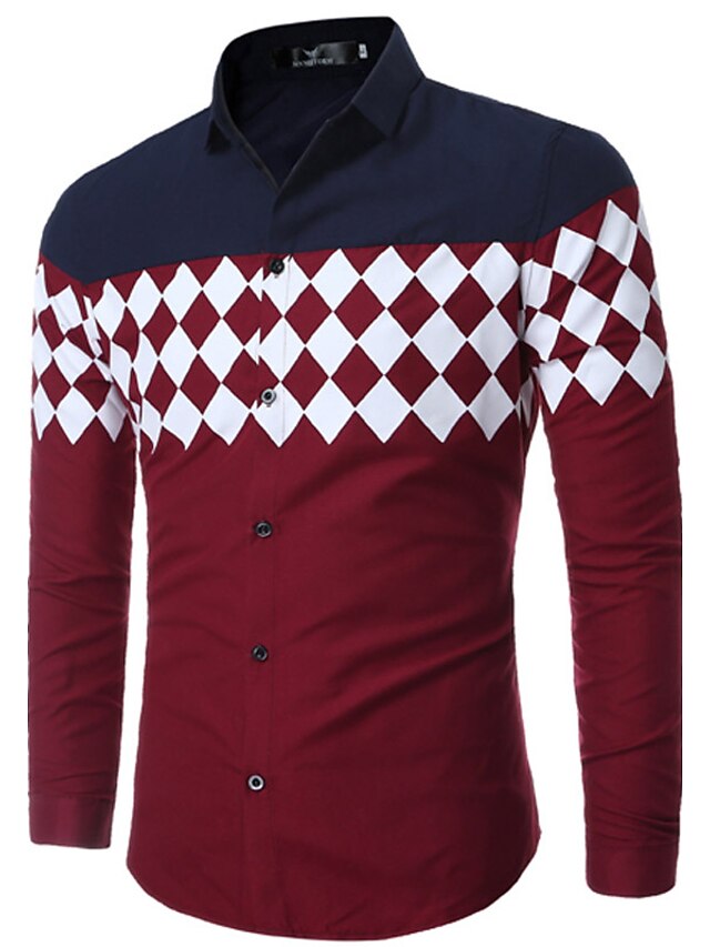  Men's Shirt Geometric Classic Collar White Wine Navy Blue Long Sleeve Plus Size Daily Print Tops / Spring / Fall