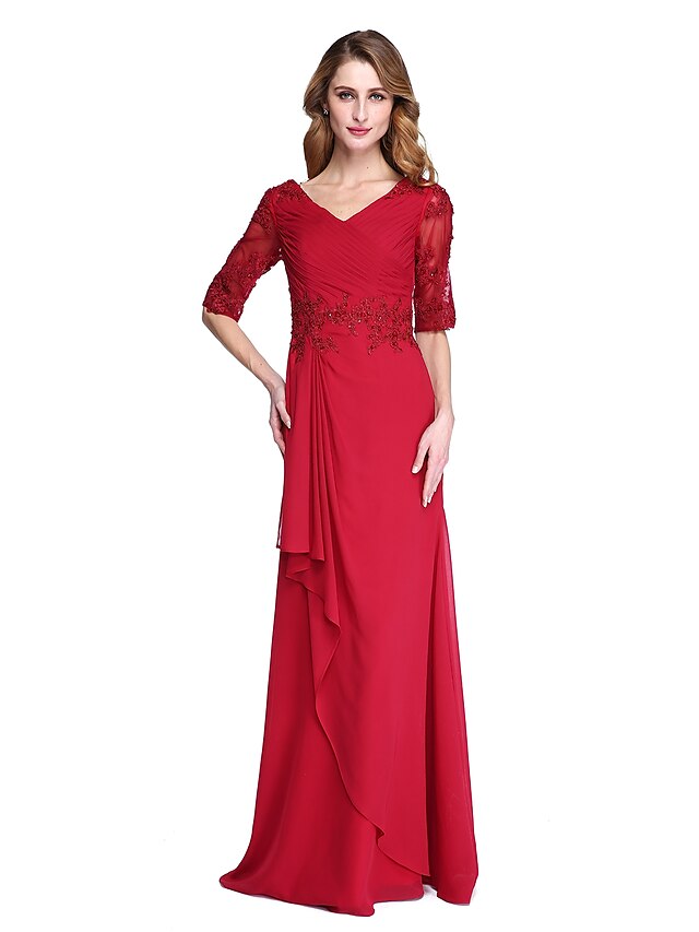  Sheath / Column V Neck Floor Length Chiffon Mother of the Bride Dress with Beading / Appliques / Side Draping by LAN TING BRIDE® / Illusion Sleeve