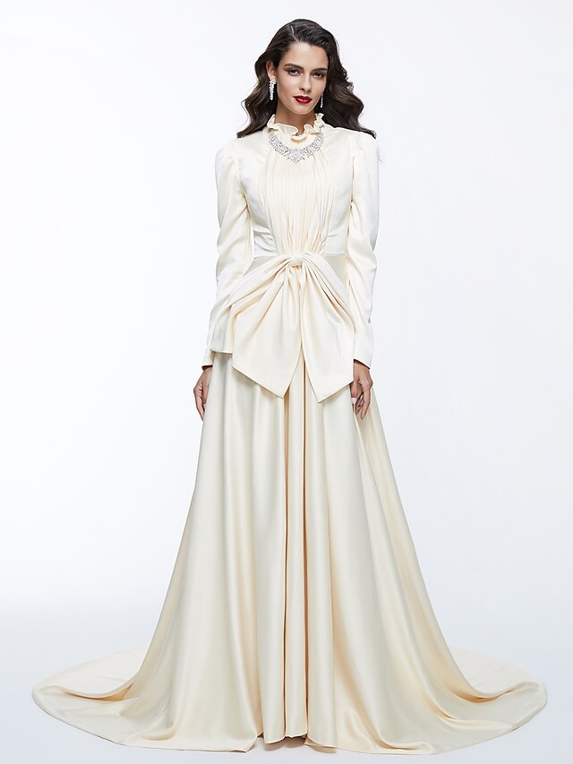  A-Line Celebrity Style Dress Engagement Chapel Train Long Sleeve High Neck Satin with Bow(s) Pleats 2022 / Formal Evening