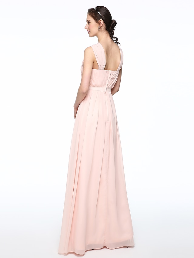  A-Line Bridesmaid Dress Jewel Neck / Cross Front Sleeveless Elegant Floor Length Chiffon with Sash / Ribbon / Pleats 2022