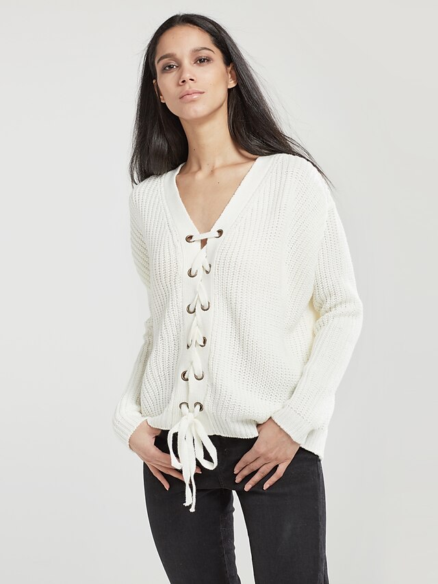  Street chic Solid Colored Long Sleeve Regular Pullover, V Neck Winter White / Lace up