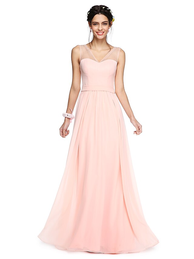  A-Line V Neck Floor Length Georgette Bridesmaid Dress with Bow(s) / Sash / Ribbon by LAN TING BRIDE® / Open Back