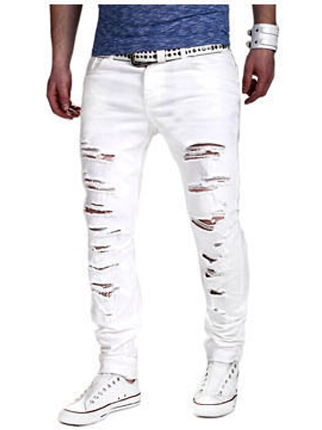  Daglig Helg Tynn Jeans Chinos Bukser - Ensfarget dratt Bomull Hvit M / L / XL