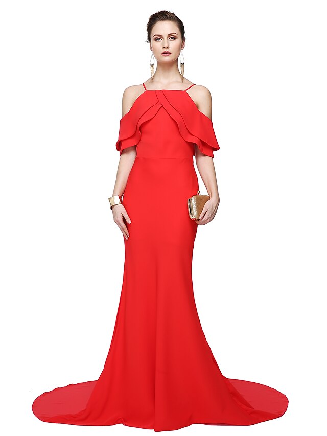  Sheath / Column Elegant Dress Formal Evening Floor Length Sleeveless Spaghetti Strap Chiffon with Pleats 2024