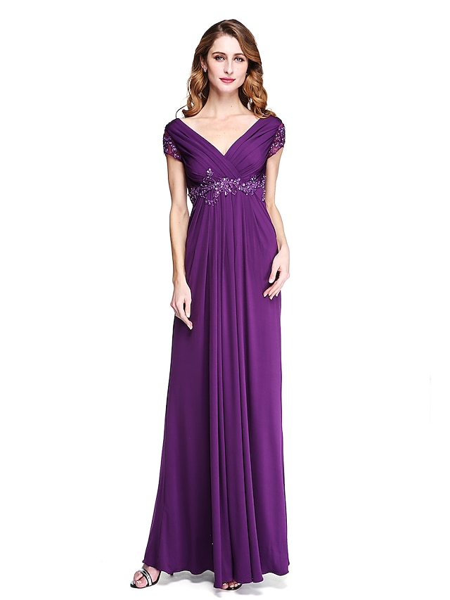  Sheath / Column V Neck Floor Length Jersey Mother of the Bride Dress with Beading / Appliques / Criss Cross by LAN TING BRIDE®