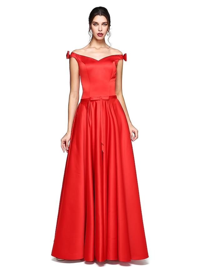  A-Line Elegant Formal Evening Dress Off Shoulder Sleeveless Floor Length Satin with Bow(s) 2021