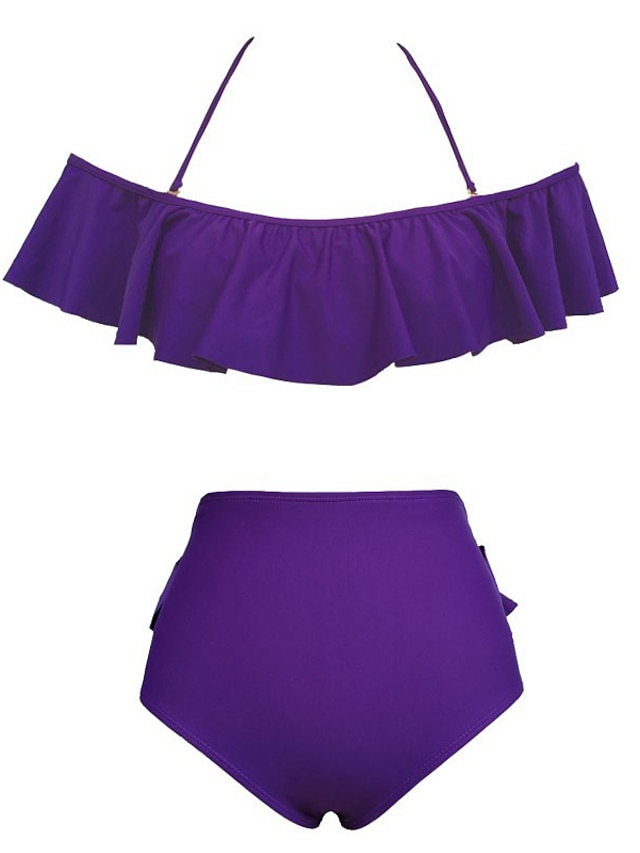  Women's Bandeau Bandeau Bikini,Plunging Neckline Ruffle Solid Sport Nylon Polyester Purple Black