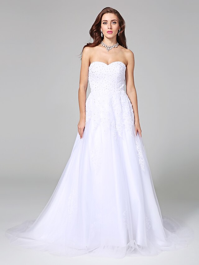  שמלות חתונה גזרת A לב (סוויטהארט) ללא שרוולים שובל קורט תחרה שמלות כלה עם חרוזים אפליקציות 2023