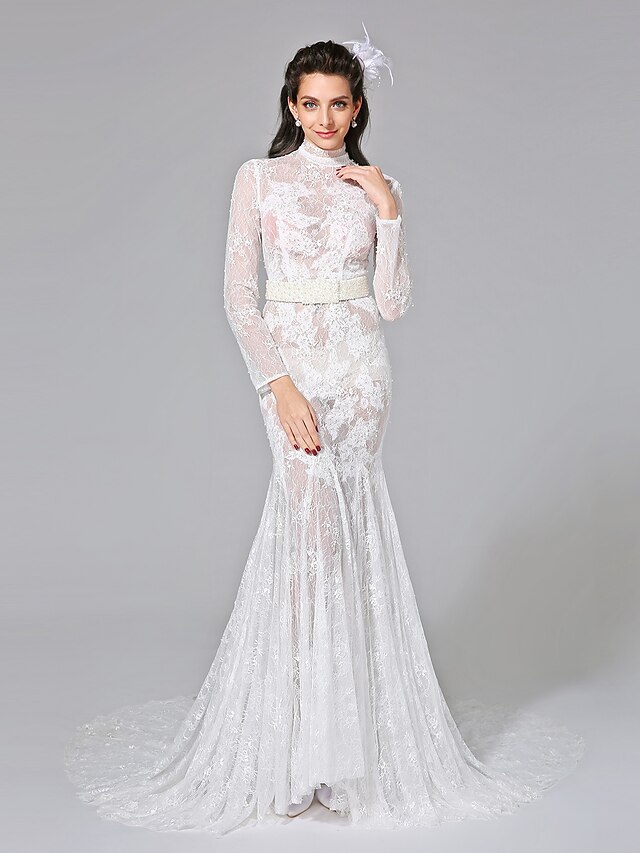  Wedding Dresses Mermaid / Trumpet High Neck Long Sleeve Chapel Train Lace Bridal Gowns With Crystal Beading 2023