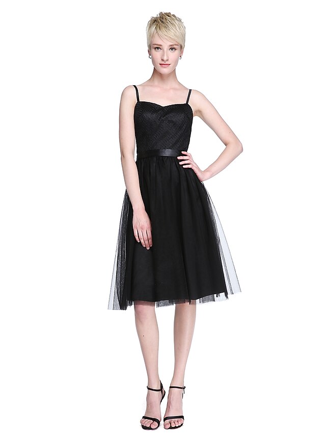  A-Line Spaghetti Strap Knee Length Tulle Bridesmaid Dress with Sash / Ribbon by LAN TING BRIDE®