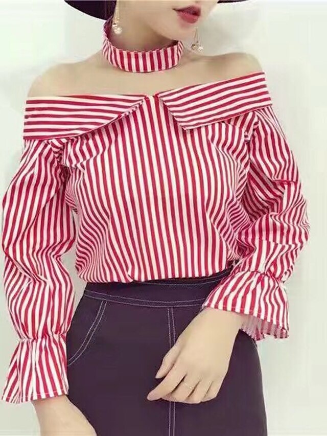  Women's Going out / Beach Street chic / Sophisticated Shirt - Striped Boat Neck / Spring / Flare Sleeve / Fine Stripe