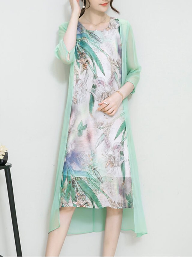  Women's Going out Plus Size Sophisticated Asymmetrical Loose Dress - Print Spring Silk Light Green