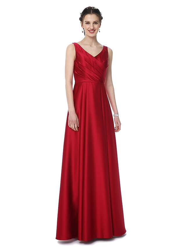  A-Line V Neck Floor Length Satin Bridesmaid Dress with Pleats by LAN TING BRIDE®