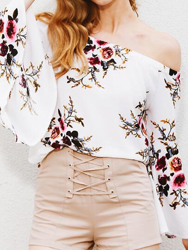  Women's Holiday Going out Blouse - Floral Off Shoulder White / Summer