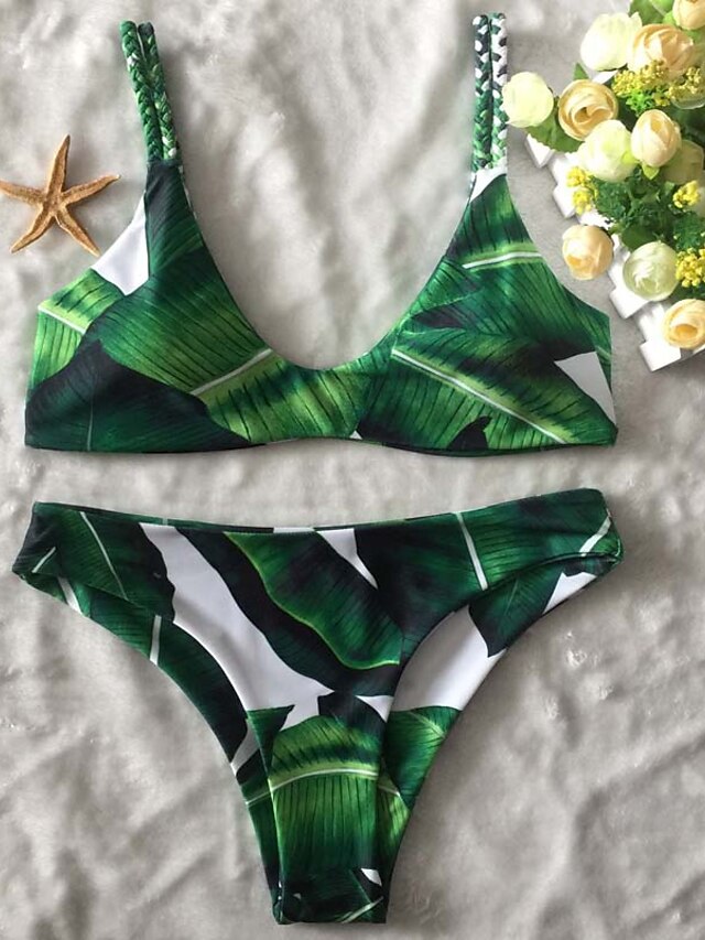  Damskie Pasek Zielony Trójkątny Dół typu Cheeky Bikini Stroje kąpielowe Kostium kąpielowy - Kwiaty Nadruk S M L Zielony