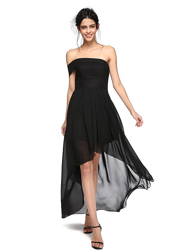  A-Line Bridesmaid Dress Off Shoulder Sleeveless Black Dress Asymmetrical Chiffon with Pleats 2022