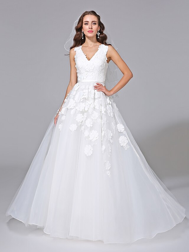  A-Line V Neck Court Train Tulle / Floral Lace Made-To-Measure Wedding Dresses with Appliques by LAN TING BRIDE®