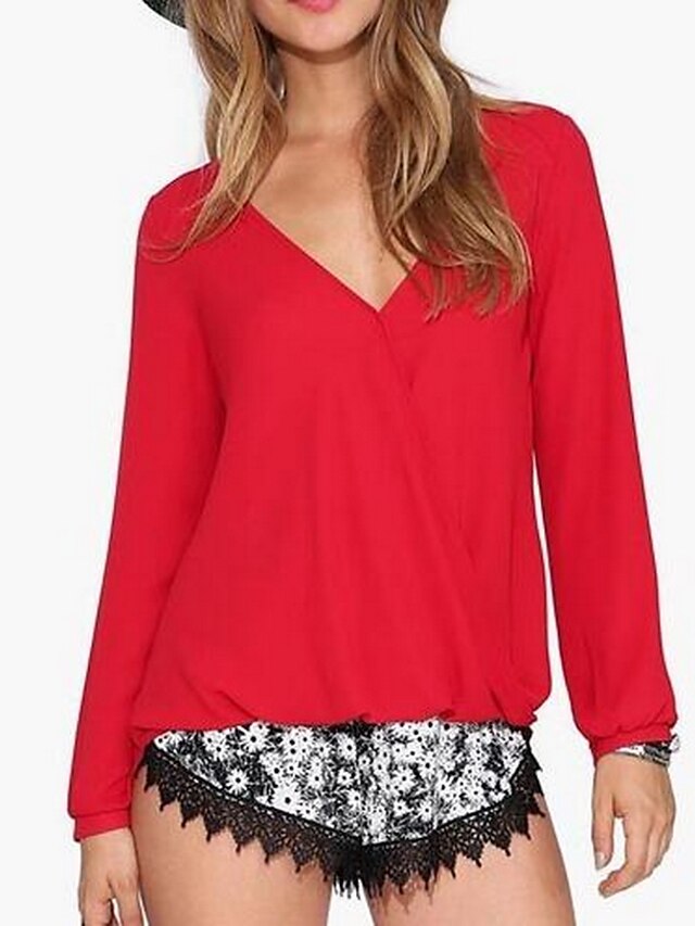  Women's Plus Size Blouse Solid Colored Long Sleeve Tops Cotton V Neck White Black Red
