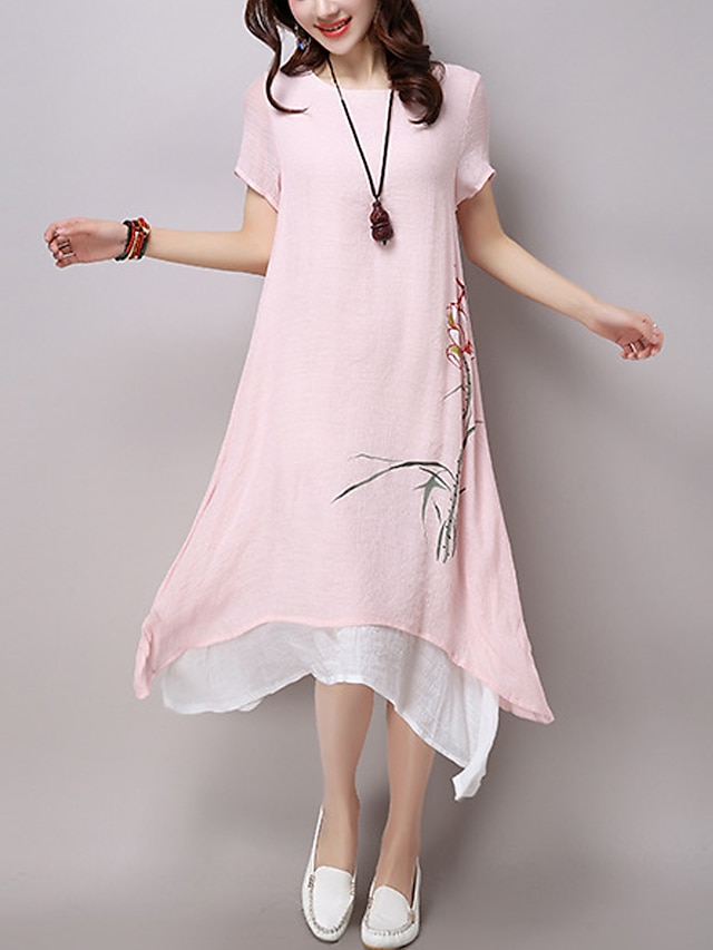  Women's Daily / Going out Street chic / Chinoiserie Cotton / Linen Loose Dress - Patchwork Print Midi / Asymmetrical / Summer